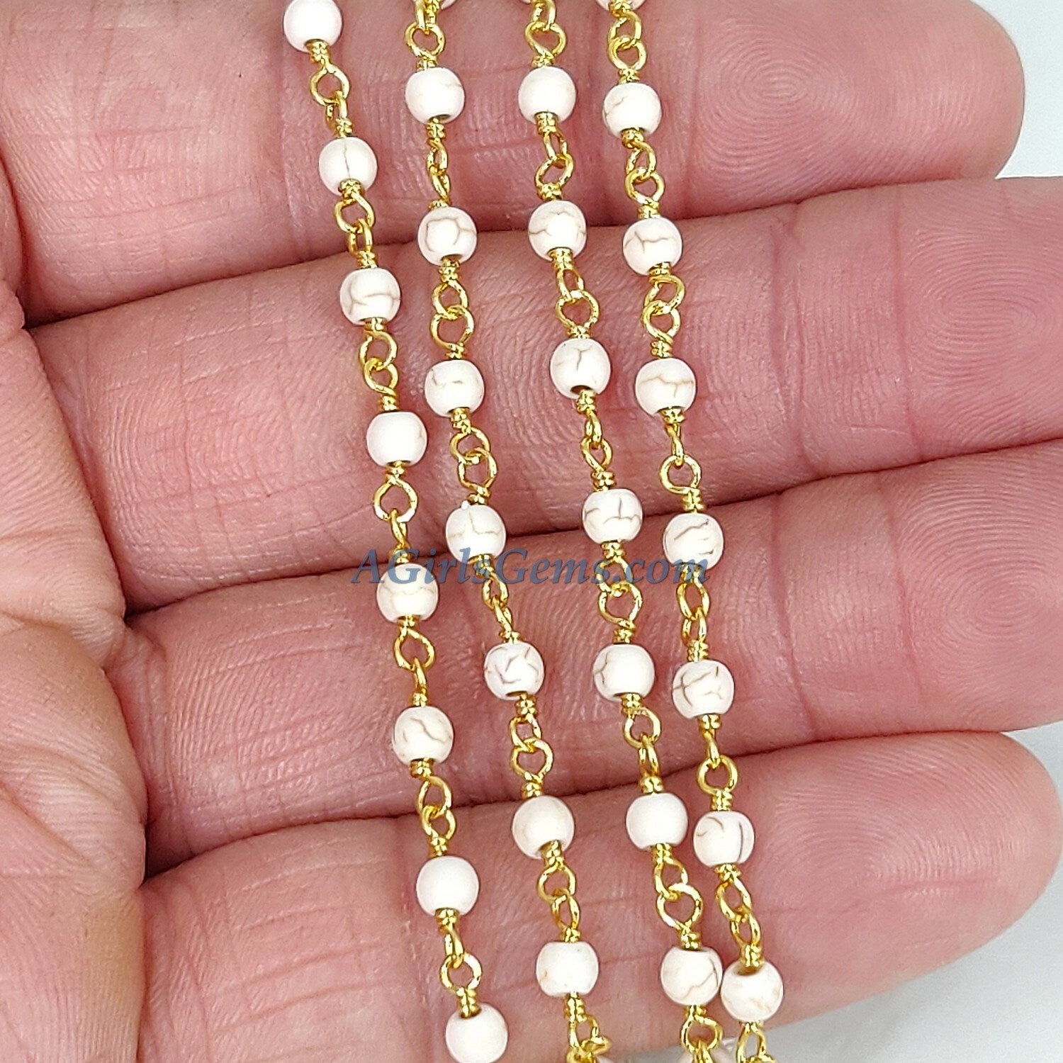 Gold Plated Turquoise Rosary Chain, White Cream Gold Wire Wrapped 4 mm, 6 mm Matte Rondelle Howlite Boho Necklaces