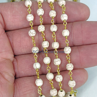 Gold Plated Turquoise Rosary Chain, White Cream Gold Wire Wrapped 4 mm - A Girls Gems