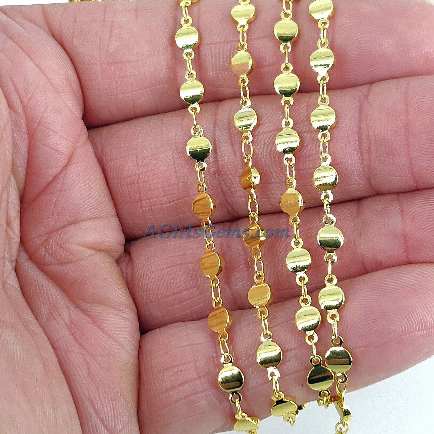 Silver Beaded Rosary Chain, Jewelry 4 mm Oblong Oval Metal Beaded Flat Moroccan Style Beads CH #228, Soldered Links Gold/Silver Plated