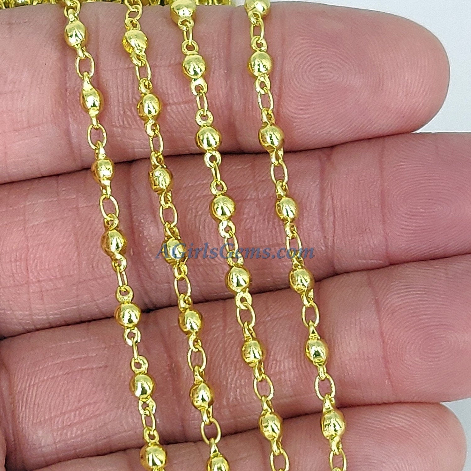 Gold Beaded Rosary Chain, Religious Chain for Jewelry, Dainty Round Metal Beads Satellite Style Boho
