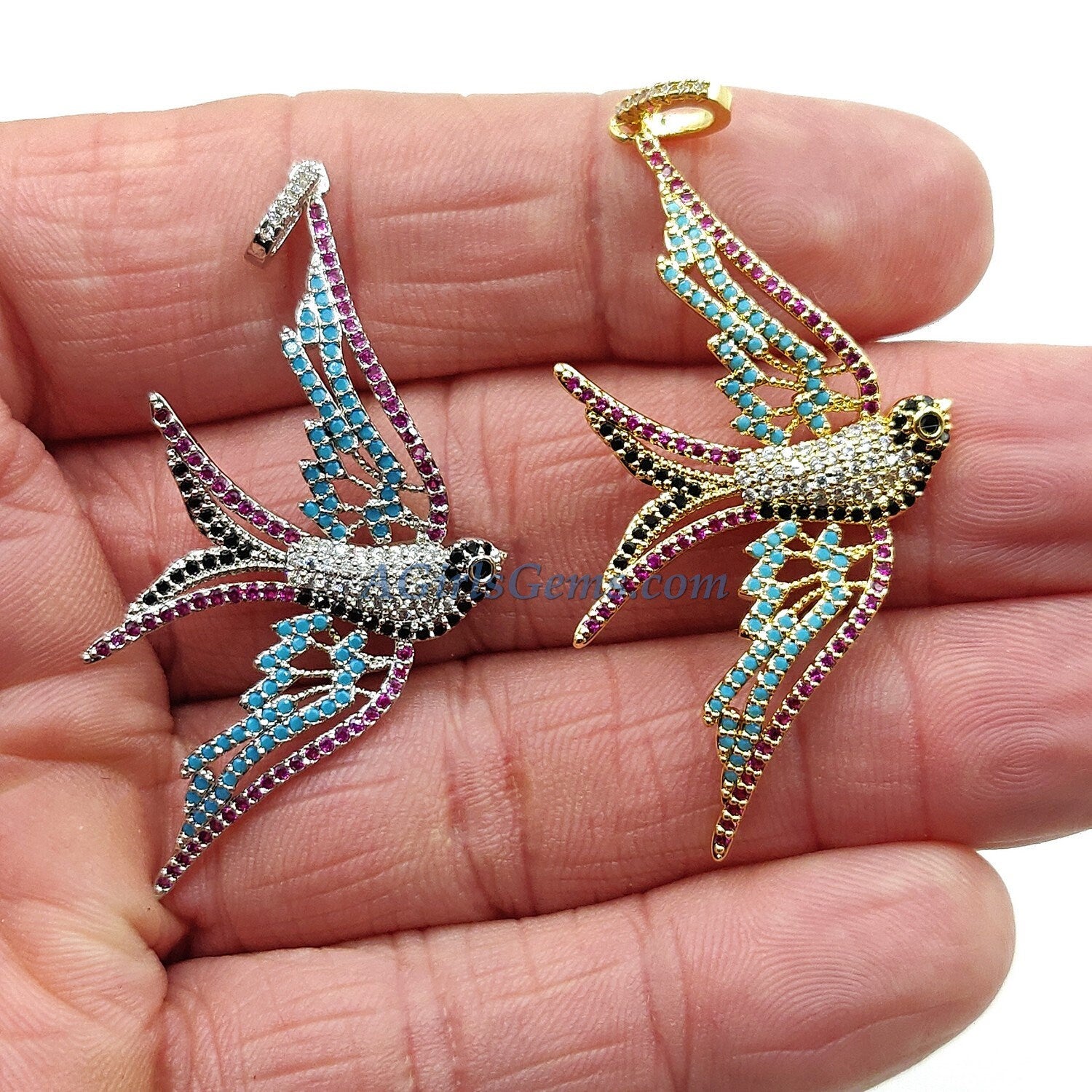 Flying Bird Pendants, Cubic Zirconia Rainbow Colors 18 K Gold/Silver Connector Beads, Blue Turquoise, Pink, Black CZ Pave Dove Mom Necklace
