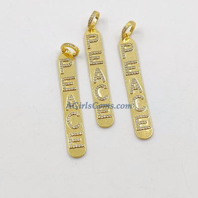 CZ Micro Pave Peace Words Charms 18 K Gold Plated Oblong Rectangle Pendants, Inspirational Dog Tags Long Stick Bar for Necklace Earrings - A Girls Gems