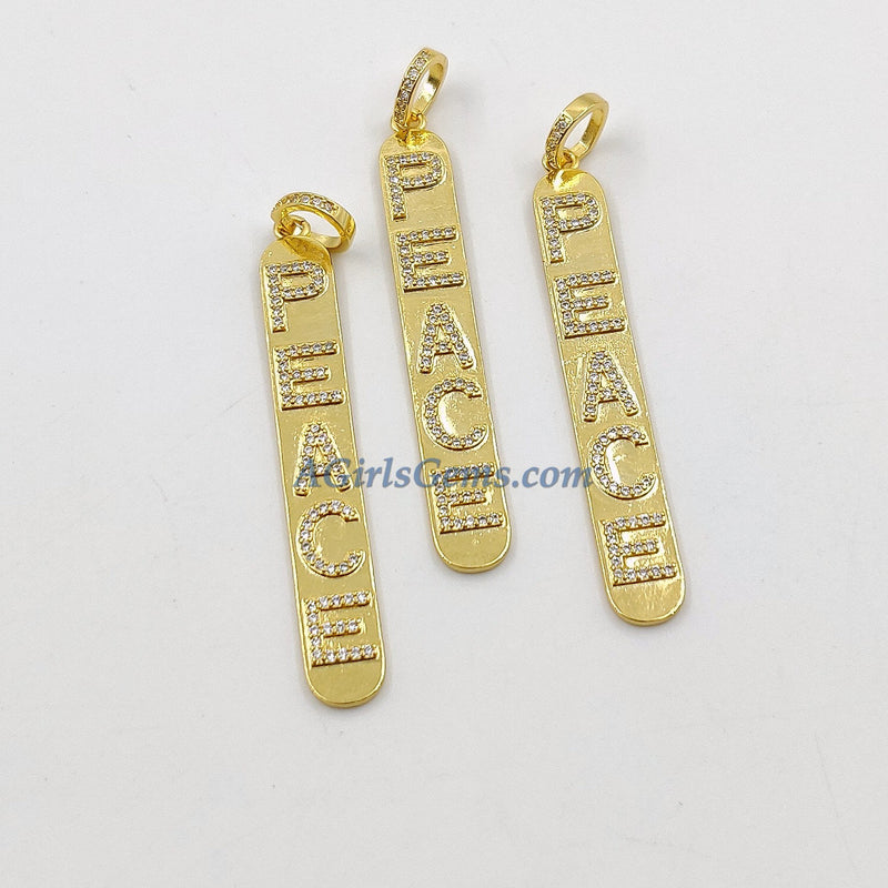 CZ Micro Pave Peace Words Charms 18 K Gold Plated Oblong Rectangle Pendants, Inspirational Dog Tags Long Stick Bar for Necklace Earrings - A Girls Gems