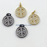 Gold CZ Pave Peace Sign Charms, Silver Round Dainty Inspirational Disc Tags #614, Love Tiny Charms 10 mm