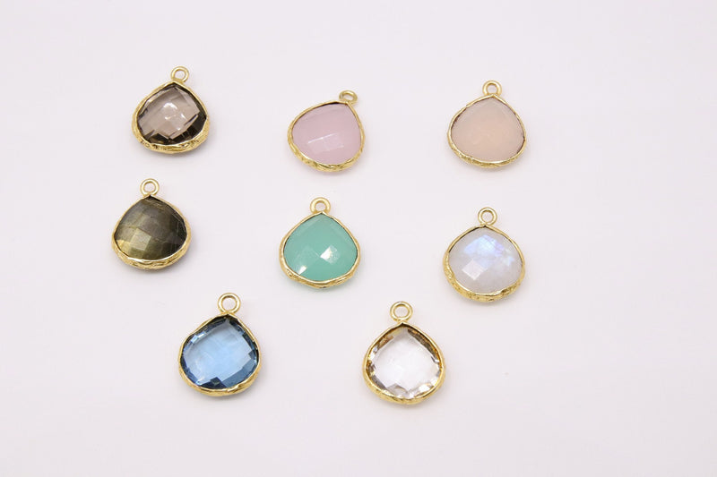 Teardrop Bezel Charms, Gold Plated Gemstone Pears, Rainbow, Labradorite, Opal, Cute Tiny Birthstone Pendants 13 x 16 mm Necklace, Earrings