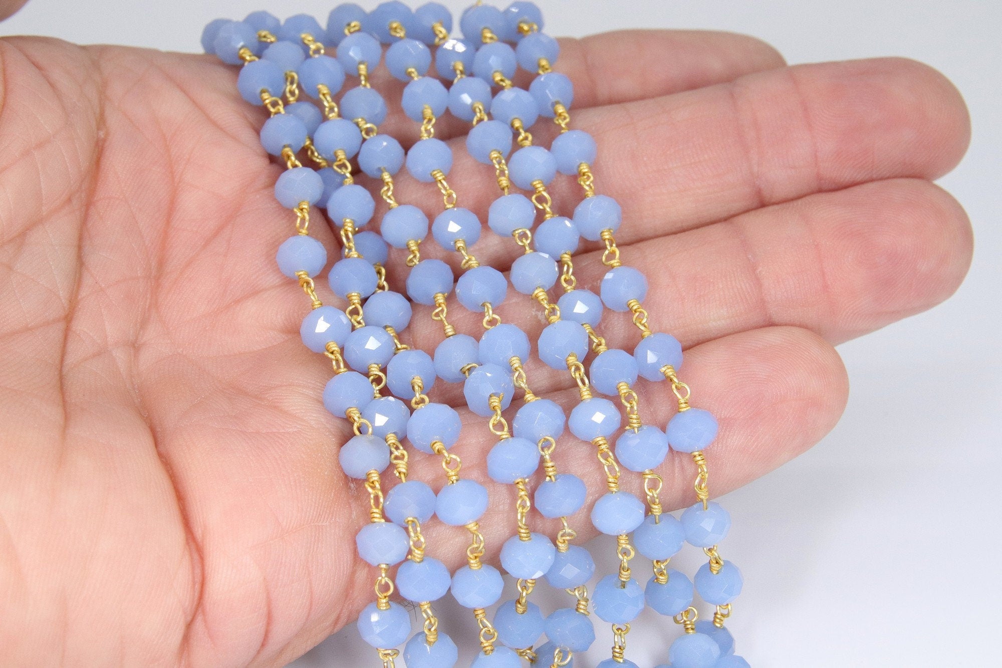 Baby Blue Chalcedony AB Rosary Chain, 6 mm Gold Wire Wrapped Crystal Jewelry Beads CH #513, Unfinished Bulk Wholesale Powder Blue Bead