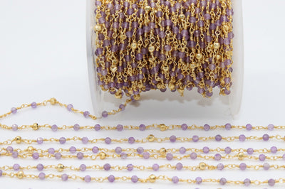 22k Gold Plated Amethyst Rosary Chain, Pyrite 4 mm Chains for Jewelry Making, Wire Wrapped Purple Beads Unfinished Chains, Bulk Wholesale