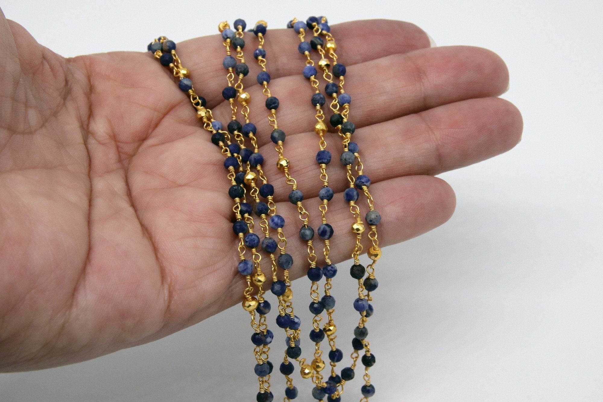 22k Gold Plated Sapphire Rosary Chain, Pyrite 4 mm Chains for Jewelry Making, Wire Wrapped Blue Beads Unfinished Chains