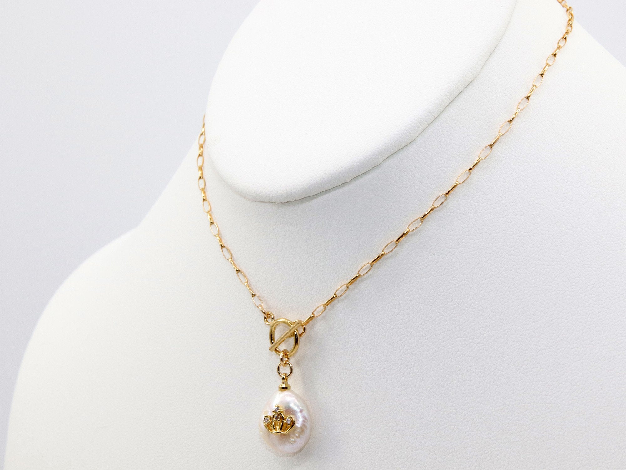 14 K Gold Pearl Cross Necklace, Toggle Front Wrap Layered Choker with Crown, Cross, Evil Eye Jewelry Choker, Dainty Real Pearl Necklace - A Girls Gems