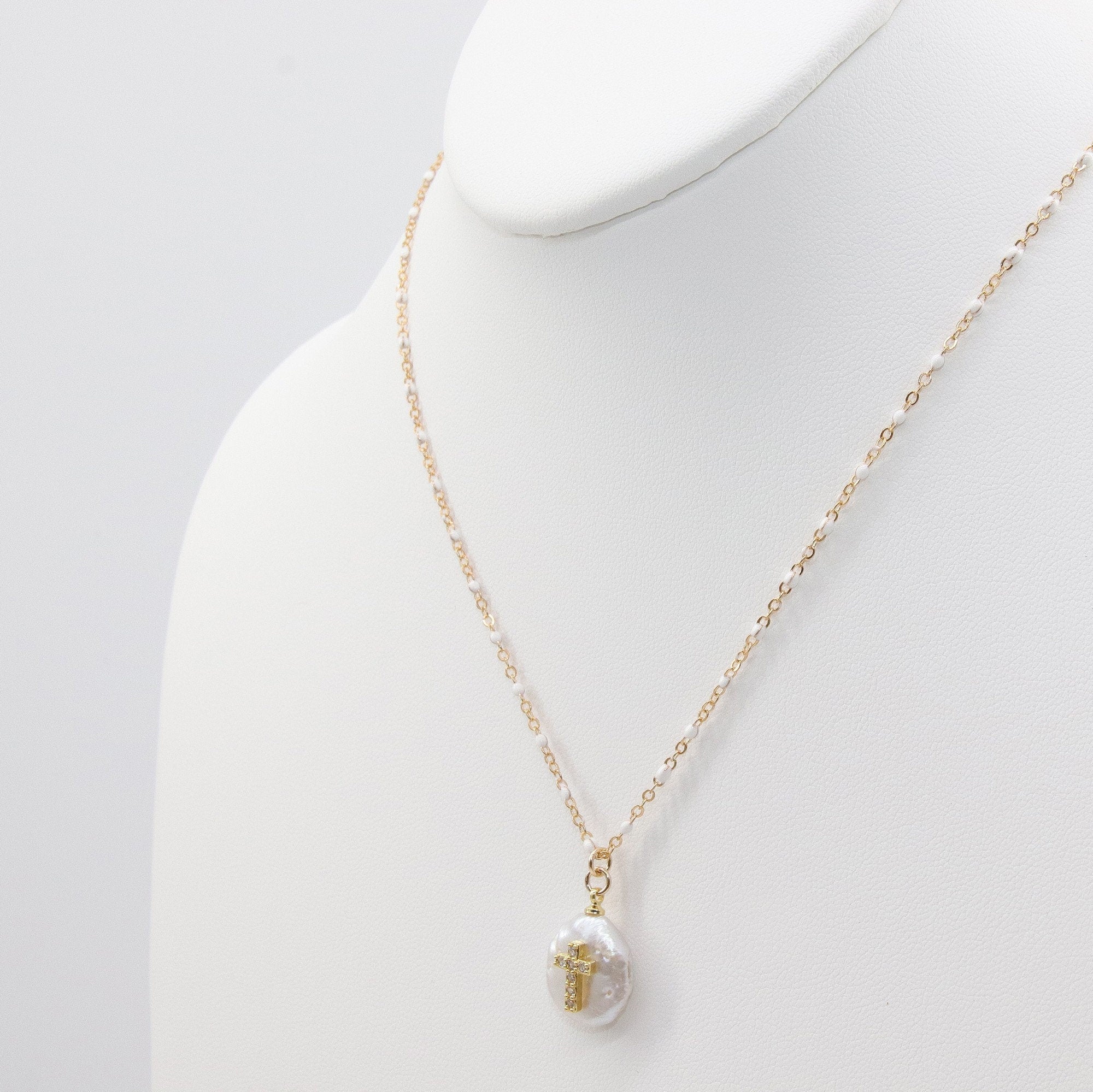 Freshwater Pearl Cross Necklace, White Satellite Gold Chain Choker with Crown - A Girls Gems