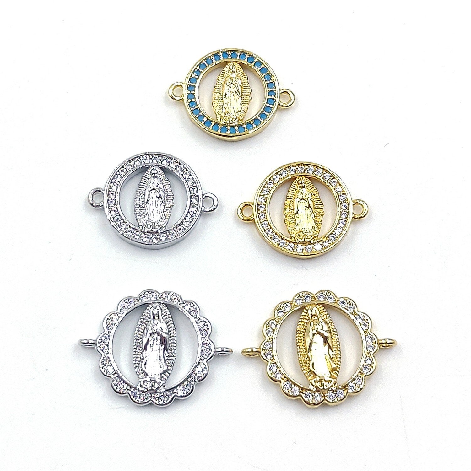CZ Micro Gold Jesus Blessed Mother Mary Connectors, Silver Religious Blue Turquoise #493, Round Disc Bracelet Jewelry