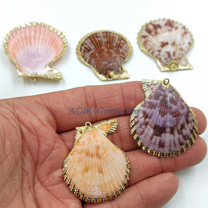 Large Seashell, Gold Edge Seashell Pendants, Beach Scallop Natural Shell Pendants, Gold Dipped, Gilded Jewelry Boho Style Supplies Bulk - A Girls Gems