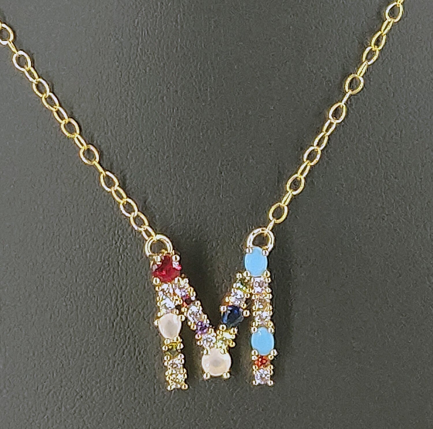 Rainbow Initial Necklace, Gold Filled Dainty Alphabet Necklace, Multi Colored CZ Crystals Turquoise Blue for Teens