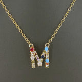 Rainbow Initial Necklace, Gold Filled Dainty Alphabet Necklace, Multi Colored CZ Crystals Turquoise Blue for Teens