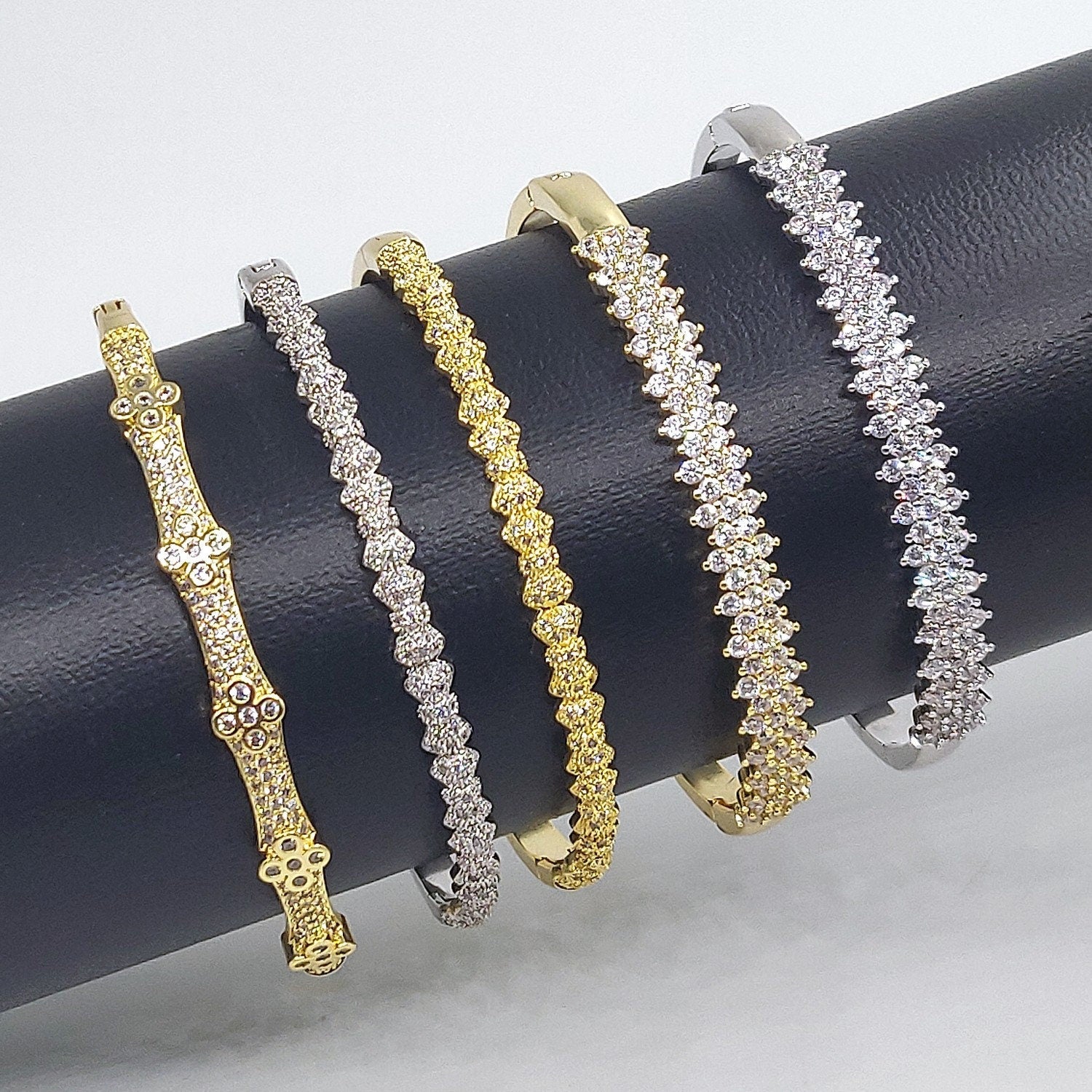 Cubic Zirconia Bracelets for Women, CZ Micro Pave 14 K Gold or White Gold Rhodium Stacking Cuff Bangles, Open/Closes