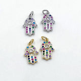 Hamsa Rainbow Charms, CZ Micro Pave Silver Gold Rainbow Hand for Earrings, Necklace, LGBT Pride Minimalist Protection Charms, Jewelry Making - Gold