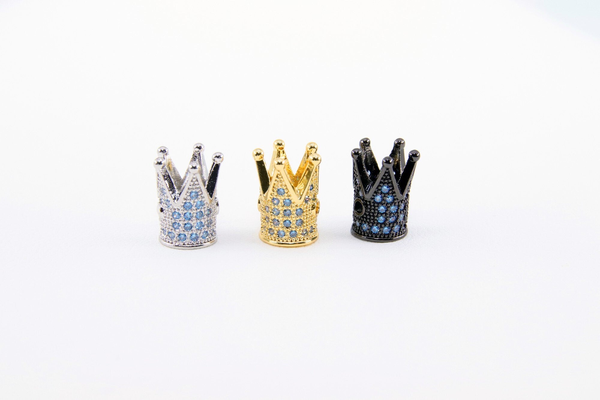 CZ Micro Pave Crown Shaped Beads, Aquamarine King Crown Spacer for Beaded Bracelets Necklaces, Gold