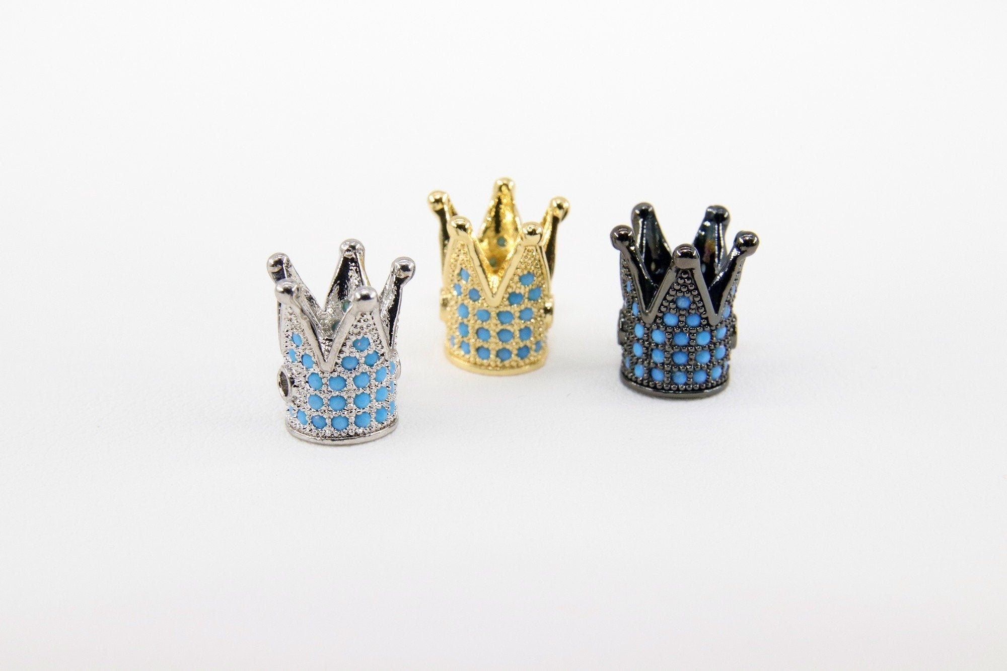 CZ Micro Pave Crown Shaped Beads, Blue Turquoise King Crown Spacer #913, Beaded Bracelets Necklaces