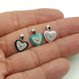 925 Sterling Silver CZ Enamel Heart Charms, CZ Pave Necklace Pendants #3137, Black