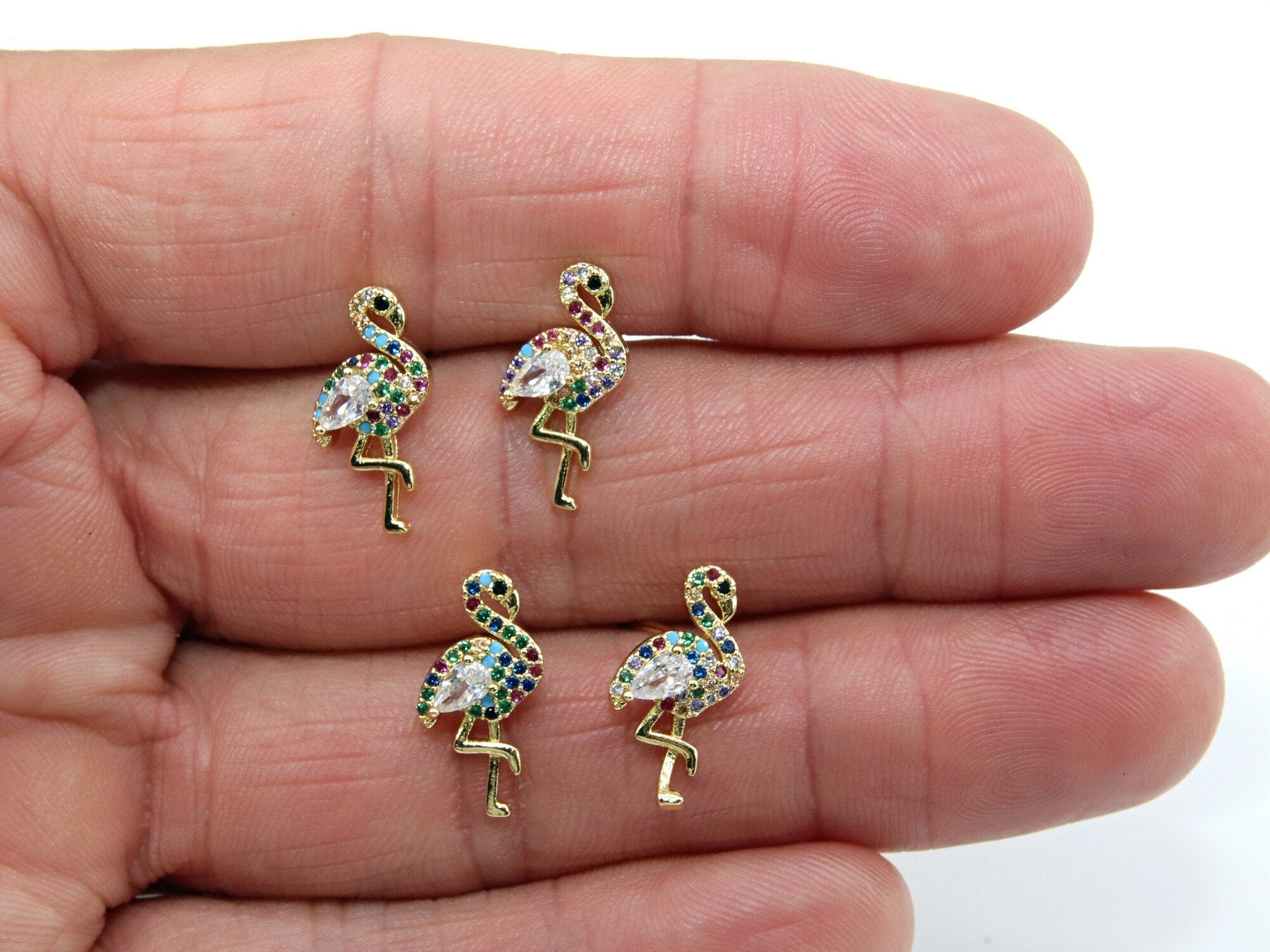 CZ Micro Pave Flamingo Earrings, Gold Rainbow Post Stud Hoops Bird Earrings,Beach Tropical Minimalist Animal Lover Jewelry