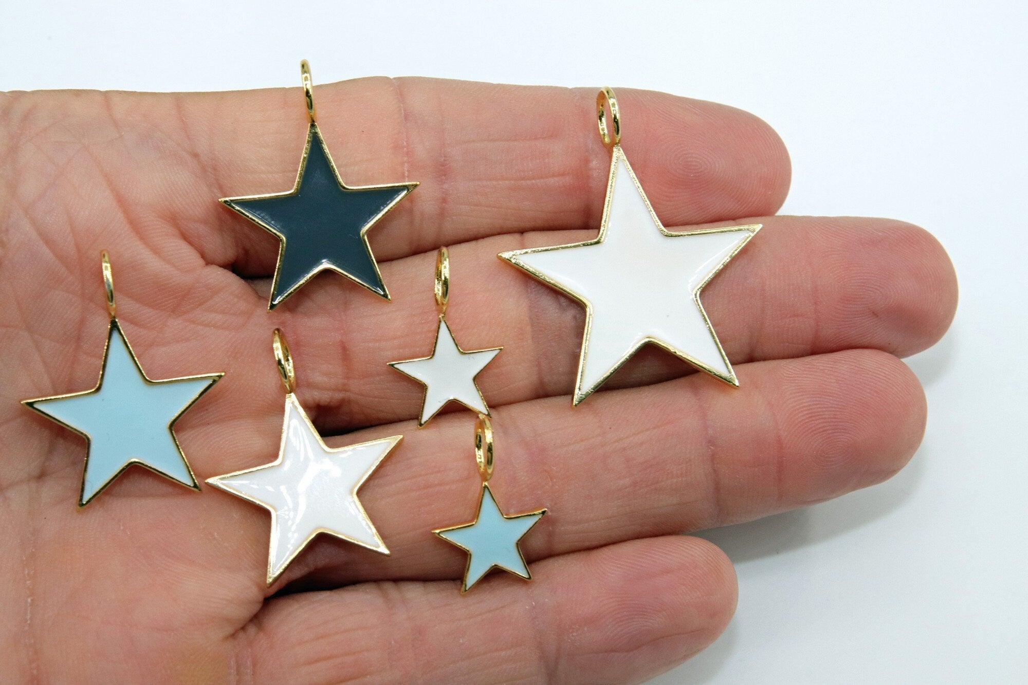 Star Charms and Pendants, Small or Large Gold Starburst in White, Black or Baby Blue Enamel Big Hole Bails