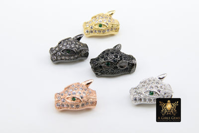 CZ Micro Pave Tiger Head Bead Charm, 4 Pc Leopard Head, Panther Cat Head Bead, Rose, Gold, Silver, Black  10 mm x 15 mm, Animal Head Bead - A Girls Gems