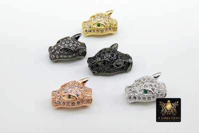 CZ Micro Pave Tiger Head Bead Charm, 4 Pc Leopard Head, Panther Cat Head Bead, Rose, Gold, Silver, Black  10 mm x 15 mm, Animal Head Bead - A Girls Gems