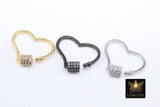 CZ Pave Carabiner Lock, Heart Screw Clasps, Silver