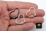 CZ Pave Carabiner Lock, Heart Screw Clasps, Silver