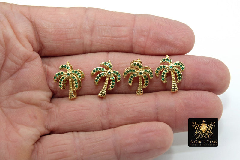 CZ Micro Pave Palm Coconut Tree Slider Charms, Gold Tropical Charms, Beach Ocean Charm Bracelet, 10 mm Flat Leather Color Straps Jewelry - A Girls Gems