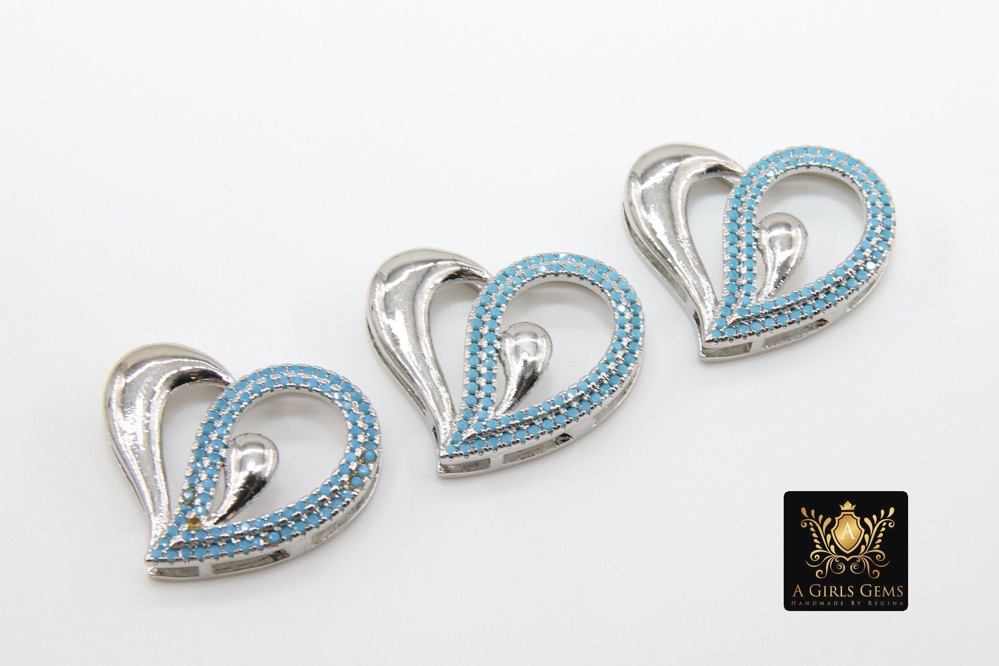 CZ Micro Pave Heart Slider Charms, Silver Blue Turquoise CZ Charms Bracelet - A Girls Gems