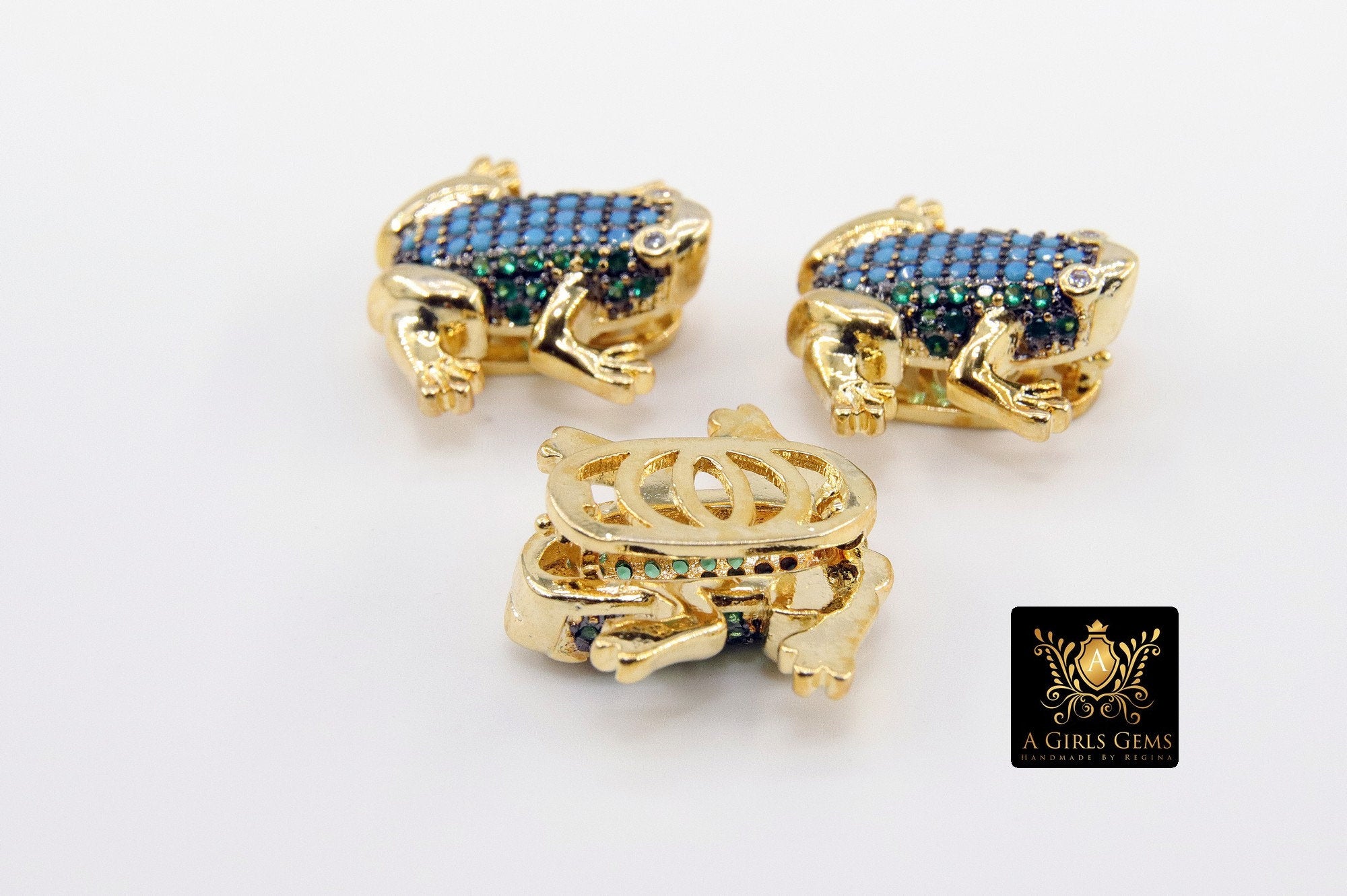 CZ Micro Pave Frog Slider Charms, Gold 3D Colorful Amphibian Blue, Green CZ Pendant Toad Bracelet, Flat Leather or Colorful Straps Jewelry - A Girls Gems