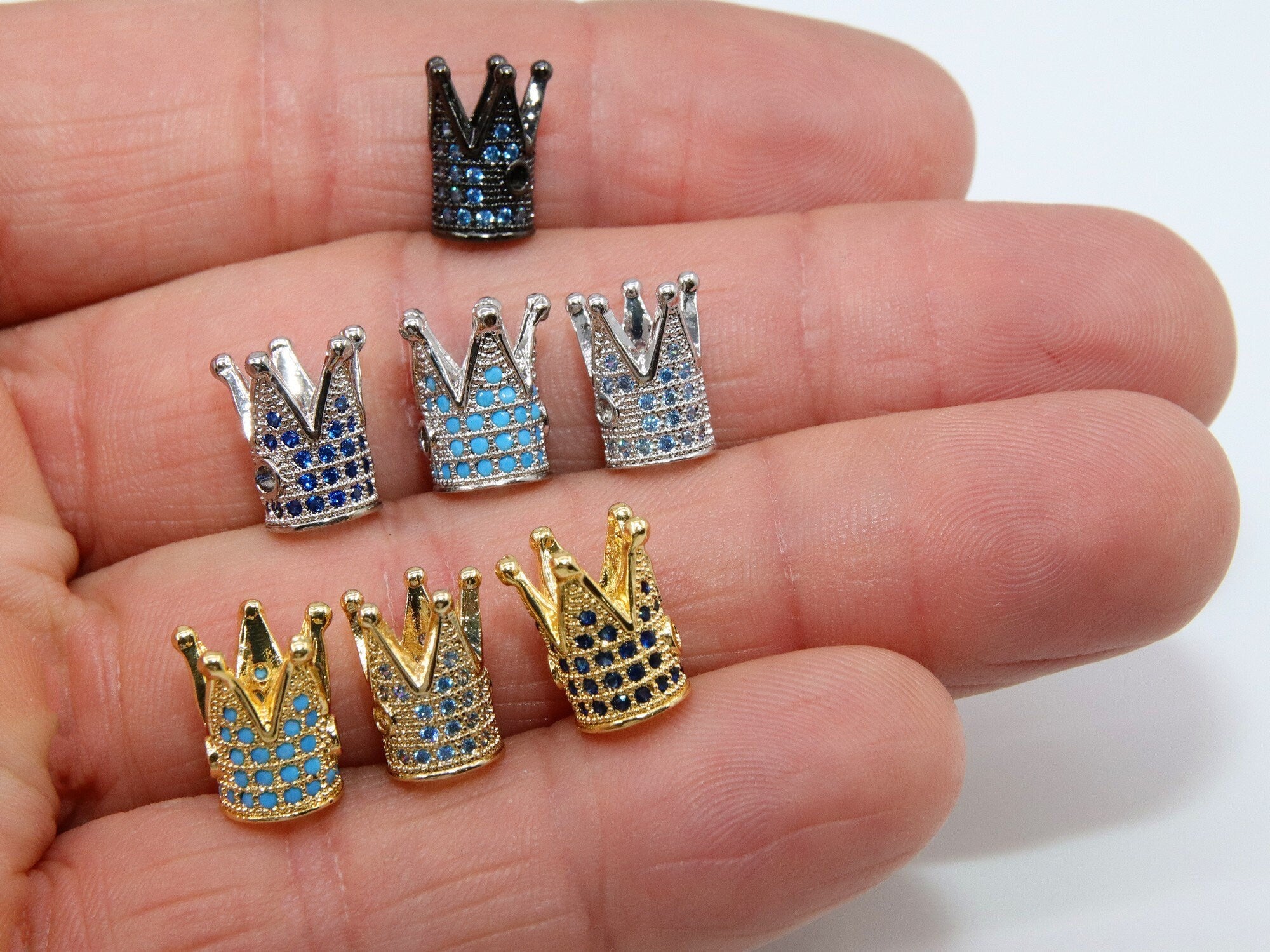 CZ Micro Pave Crown Shaped Beads, Aquamarine King Crown Spacer for Beaded Bracelets Necklaces, Gold