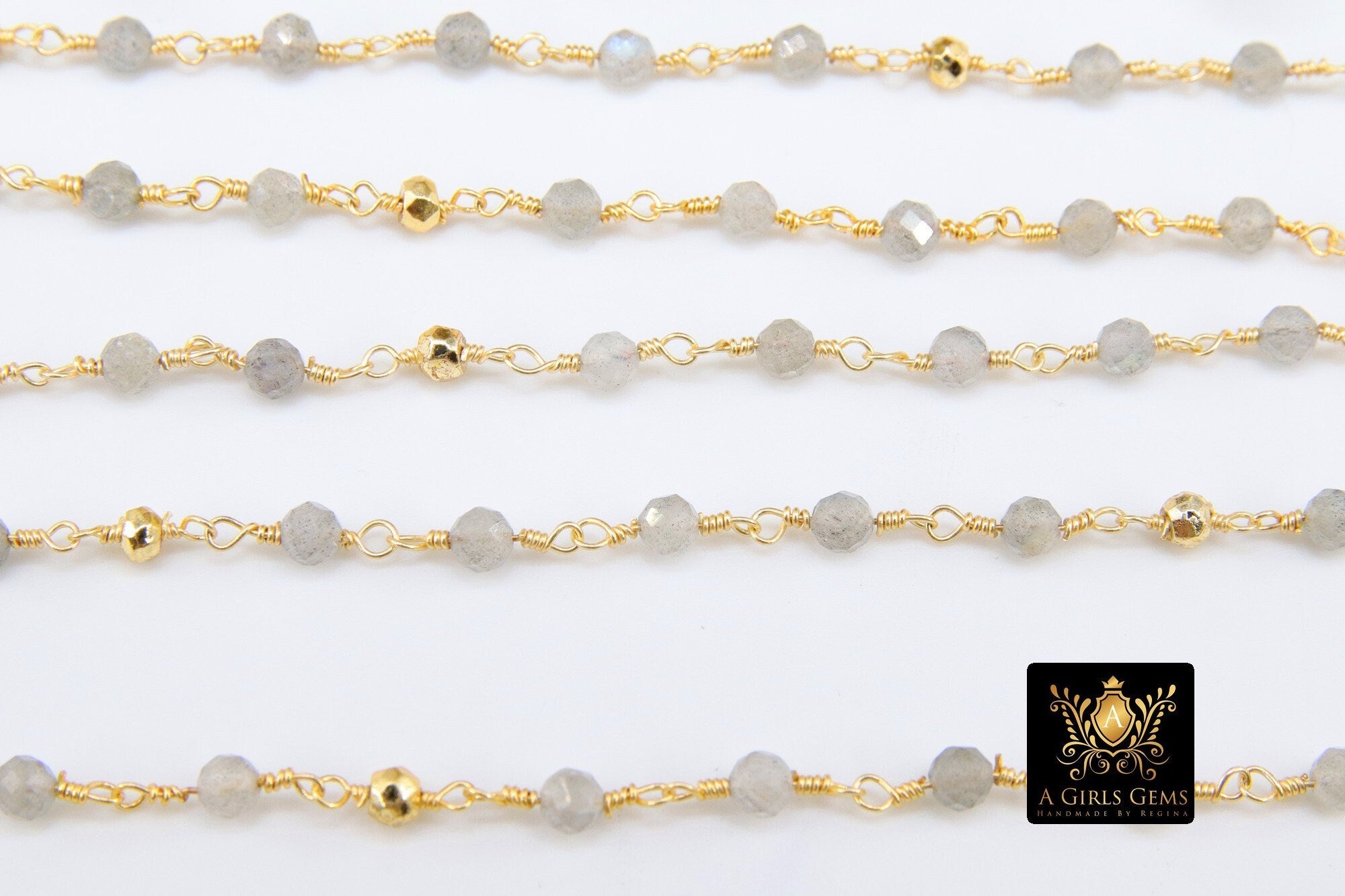 22k Gold Plated Real Labradorite Gemstone Rosary, Gold Pyrite Diamond Cut 4 mm Unfinished Jewelry Chain