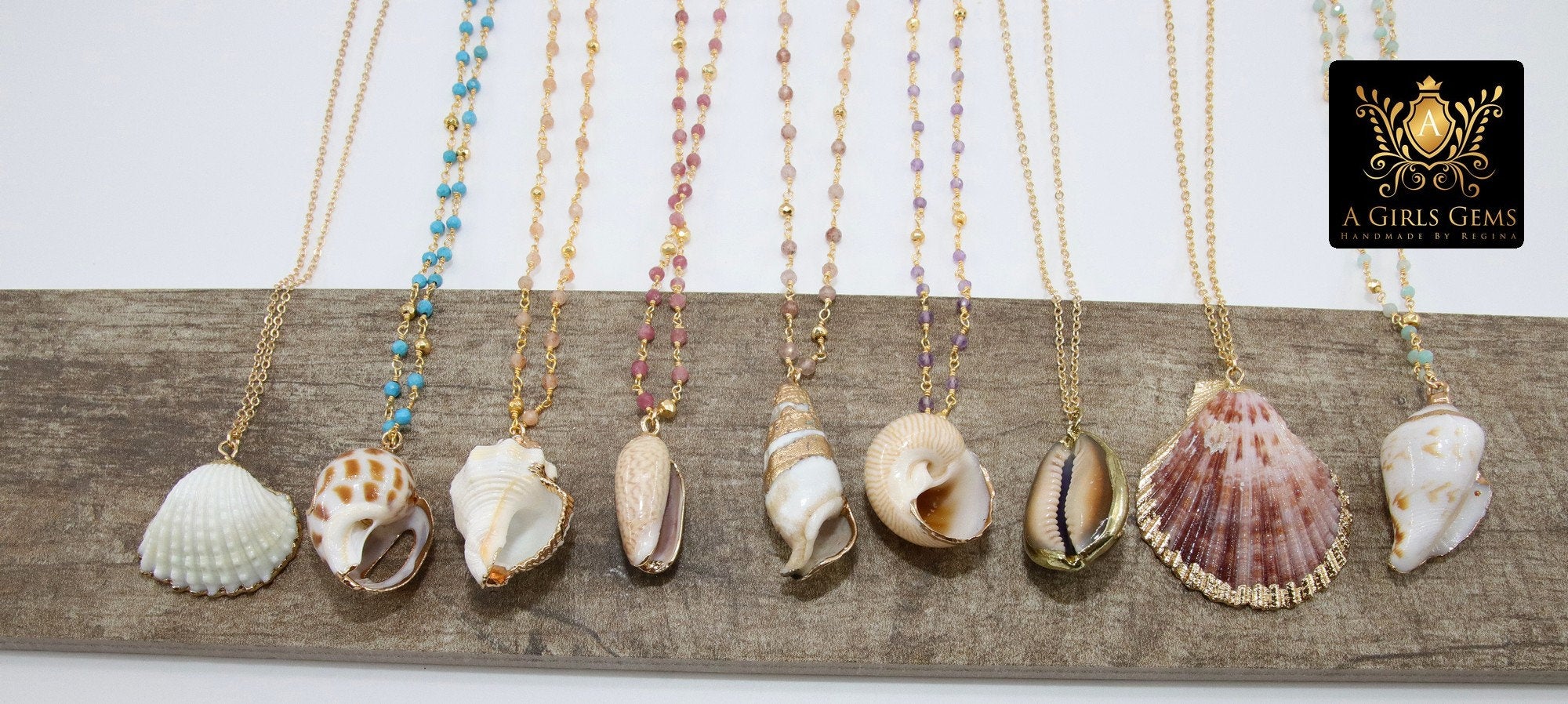 Seashell Necklace, Gold Dipped Edge Scallop Shells Rosary Gemstone, 14 K Gold Chain - A Girls Gems