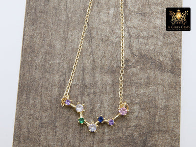 Pisces Necklace, 14 k Gold Fill Zodiac Sign Constellation Horoscope in Clear, Rainbow Cubic Zirconia - A Girls Gems