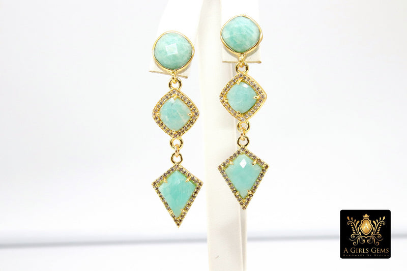 Amazonite Stud Earrings, Raw Turquoise Studs, Formal Jade Stone Stud Earrings, Mint Blue Dangle Gemstones, Gold, 925 Jewelry - A Girls Gems