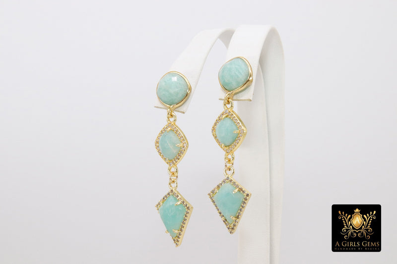 Amazonite Stud Earrings, Raw Turquoise Studs, Formal Jade Stone Stud Earrings, Mint Blue Dangle Gemstones, Gold, 925 Jewelry - A Girls Gems
