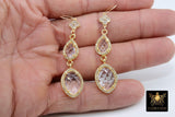 14 K Gold Crystal Quartz Earrings, Gemstones April CZ Diamond Birthstone Dangle Clover Ear Wire Hooks