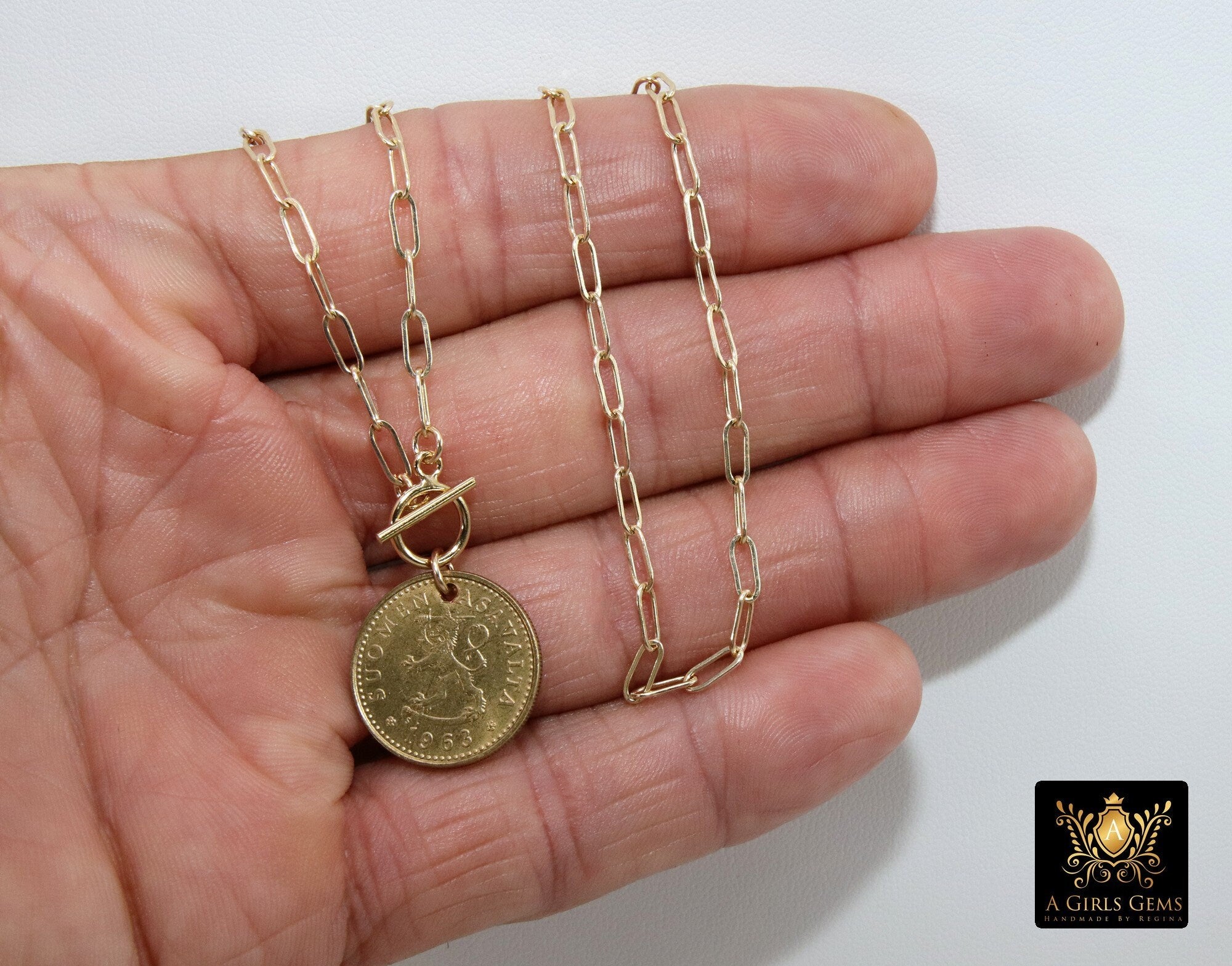 Coin Necklace, Medallion 14 K Gold Toggle Double Wrap Choker, Coat of Arms Lion