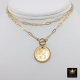 Coin Necklace, Medallion 14 K Gold Toggle Double Wrap Choker, Greek Owl Athena