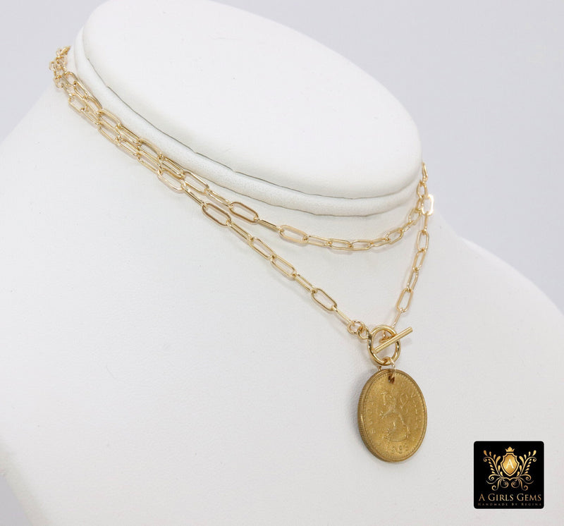 Coin Necklace, Medallion 14 K Gold Toggle Double Wrap Choker, Coat of Arms Lion, Tiger, Tree, Rectangle Chain