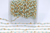 Natural Amazonite Rosary Chain, 4 mm Faceted Gold Pyrite, Wire Wrapped Blue Aqua Rosary Chain