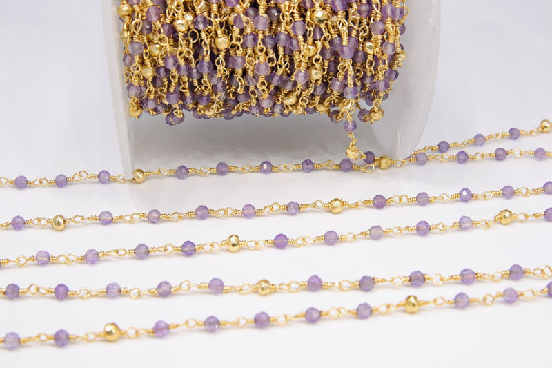22k Gold Plated Amethyst Rosary Chain, Pyrite 4 mm Chains for Jewelry Making, Wire Wrapped Purple Beads Unfinished Chains, Bulk Wholesale