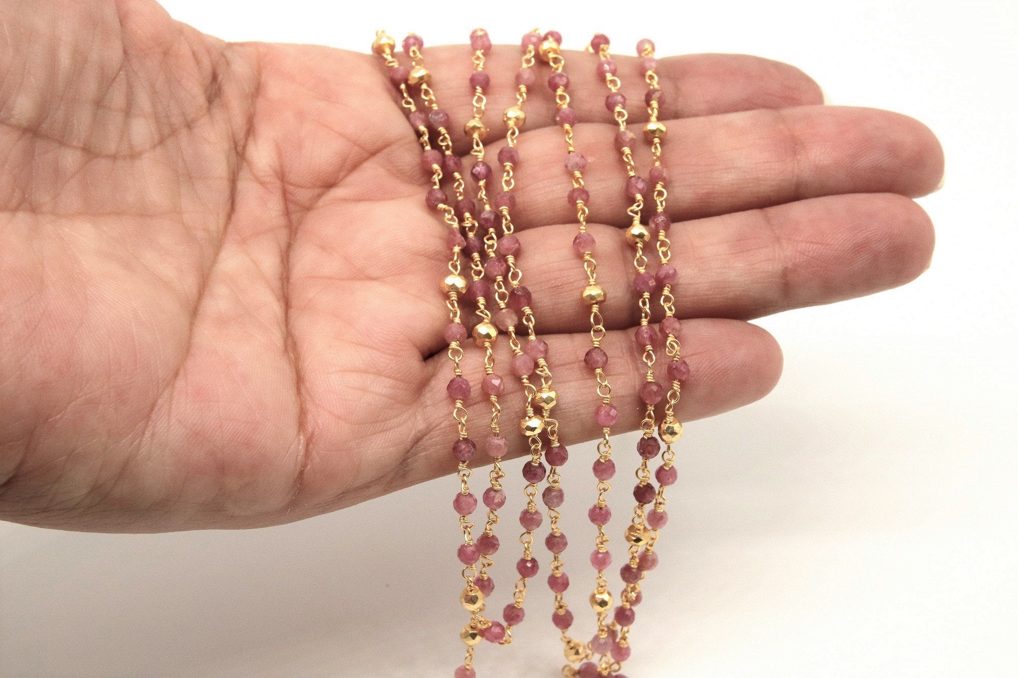 22 k Gold Natural Rhodonite Rosary Chain, 4 mm Stone Gold Pyrite Beaded Wire Wrapped Unfinished Chains by the Foot Diamond cut Gemstone Bulk - A Girls Gems
