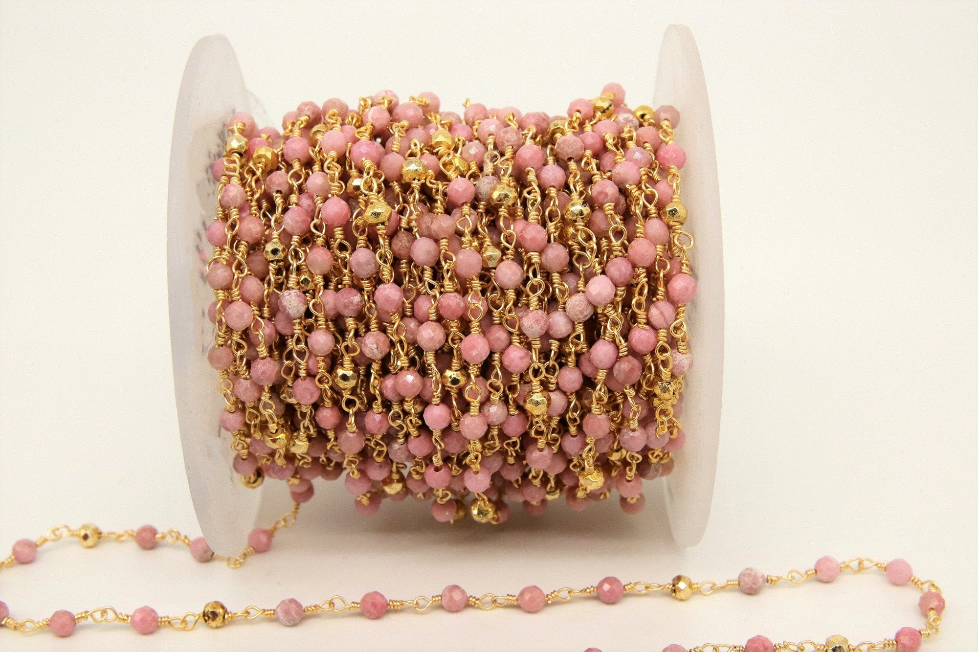 22 k Gold Natural Rhodonite Rosary Chain, 4 mm Stone Gold Pyrite Beaded Wire Wrapped Unfinished Chains by the Foot Diamond cut Gemstone Bulk - A Girls Gems