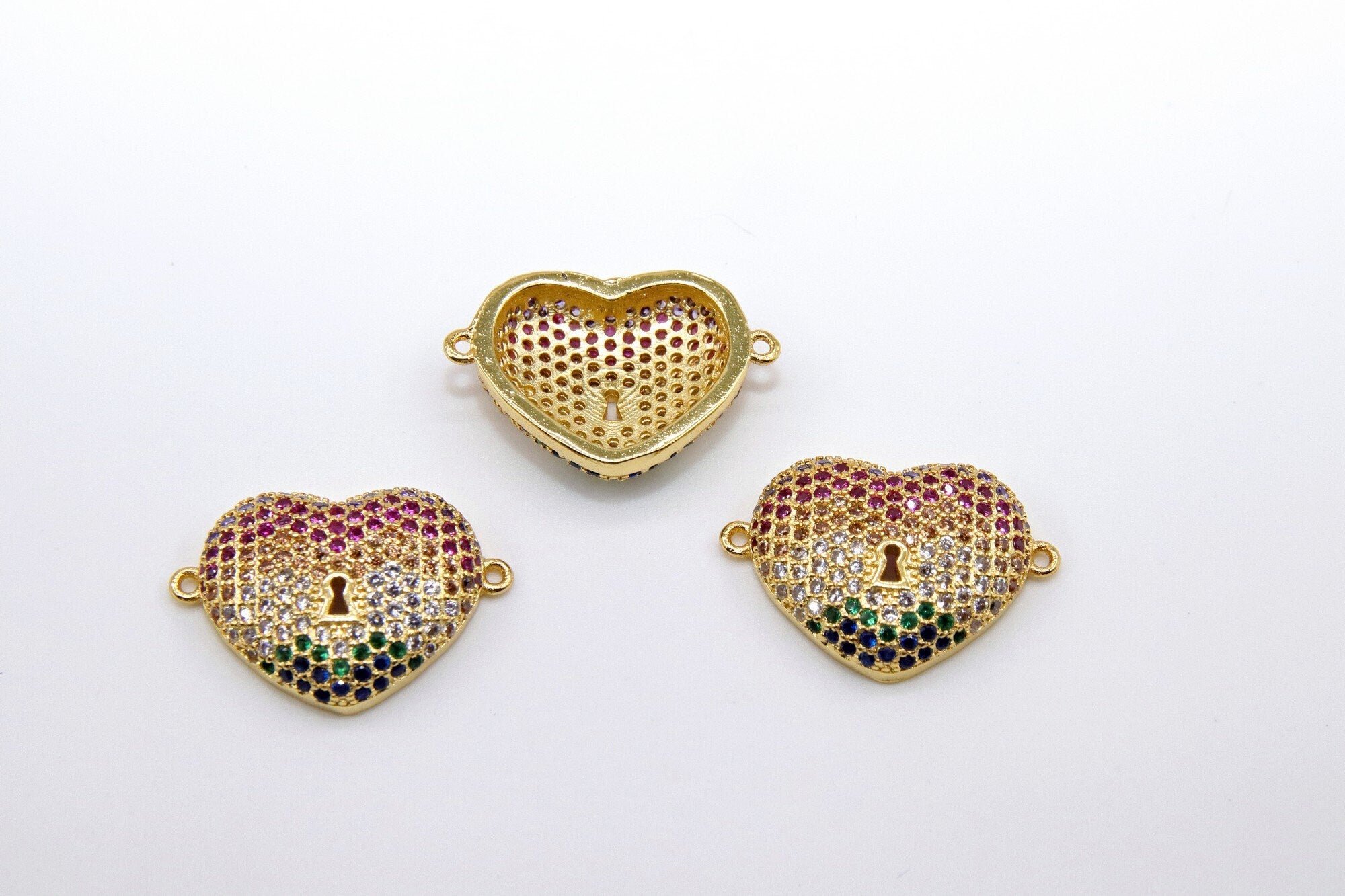 CZ Micro Pave Heart Connectors, Gold Lock and Key Hole in Rainbow Cubic Zirconia, Double Loop Charms for Bracelets