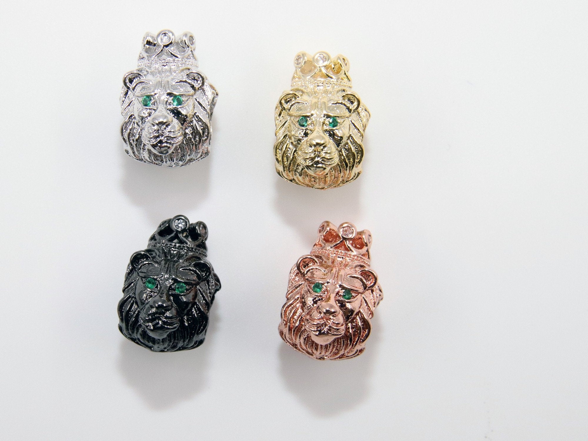 CZ Micro Pave Tiger Head Bead, Lion King Crown Head, Green Eye Panther Cat