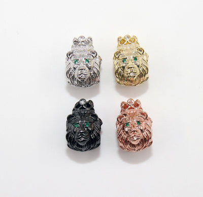 CZ Micro Pave Tiger Head Bead, Lion King Crown Head, Green Eye Panther Cat, Rose, Gold, Silver, Black Animal Head Bead