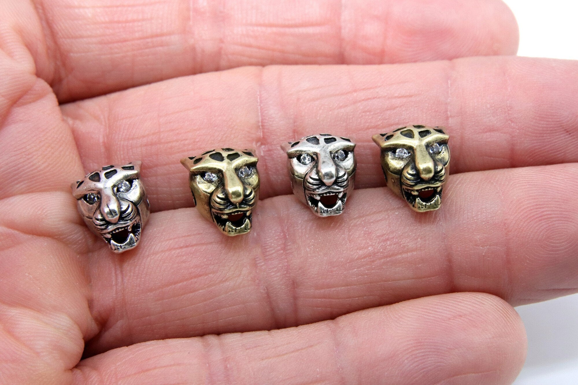 CZ Micro Pave Tiger Head Bead Charm, Leopard Head CZ Eye Panther Cat Heads #914, Antique Copper Gold, Silver Animal Head Bead, Men's Jewelry